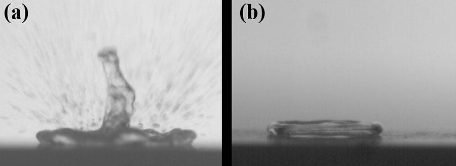 Snapshots of hot surface and cold droplet interaction at 3 milliseconds at 300 degrees Celsius: (a) on as-received alumina ceramics and (b) on an engineered hydrophobic surface Credit: Divya J. Prakash and Youho Lee