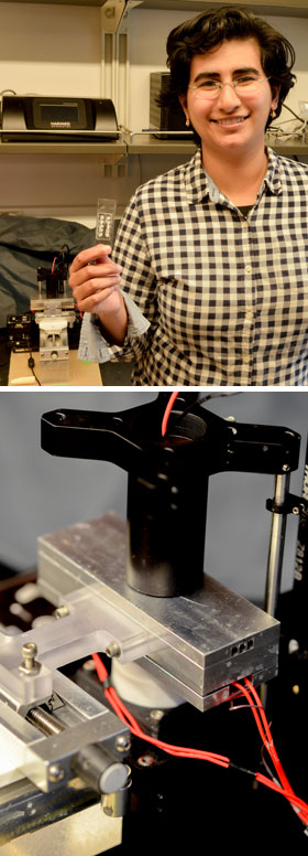 Top: Nikita Taparia stands with a microfluidic card in her hand, next to the optical analyzer.  Bottom: Close-up view of the optical analyzer Credit: Nikita Taparia, University of Washington