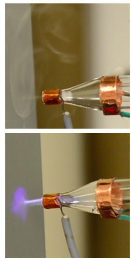 The nozzle firing a jet of carbon nanotubes with helium plasma off and on