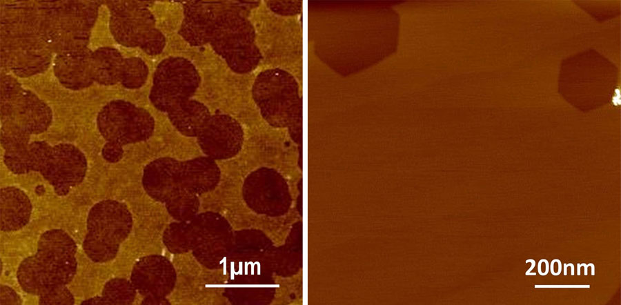 Graphene etched with an underlying silica substrate produces uneven edges (figure 1) but forms precise edges when placed on boron nitride (figure 2). Credit: Guangyu Zhang