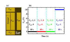 The view of the H-diamond MOSFET NOR logic circuit from above (left), and the operation of the NOR logic circuits, showing that the circuit only produces voltage when both inputs are at zero.  Credit: Liu et al.