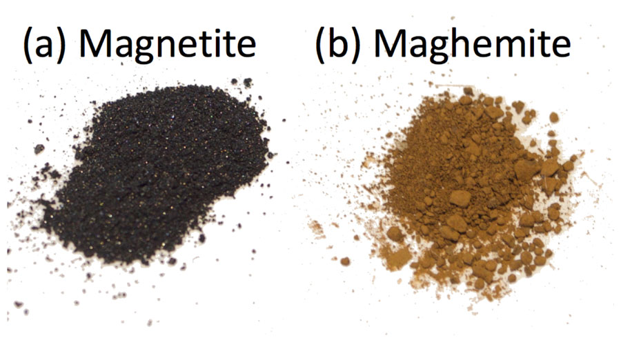 In bulk powders the oxidation of magnetite to maghemite is shown by a change in color from black to red, but in nanoparticles it is not nearly so easy to distinguish the two phases. Credit: Lara Bogart