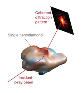 In this study, 3-D images of the strain fields in individual nanodiamond crystals were obtained with Bragg coherent diffraction imaging. With this method, the crystal is illuminated with a coherent X-ray beam which scatters to form a coherent diffraction pattern. A series of these diffraction patterns measured from the crystal are used to reconstruct the 3-D shape and, more importantly, the strain state of the crystal. One such 3-D image of a nanodiamond is shown here, with the surface coloration indicative of local strain.  Credit to Stephan Hruszkewycz