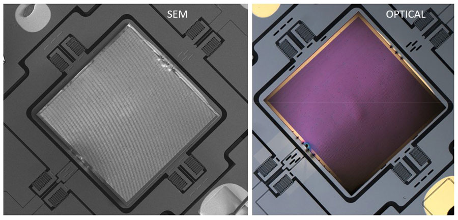 Metasurface-based flat lens integrated onto a MEMS scanner: Scanning electron micrograph (left) and optical microscope image (right) of a lens-on-MEMS device. Integration of MEMS devices with metalenses will help to create a new paradigm to manipulate light by combining the strength of these technologies: high-speed dynamic control with precise spatial manipulation of wave-fronts. CREDIT: Center for Nanoscale Materiasl, Argonne National Lab