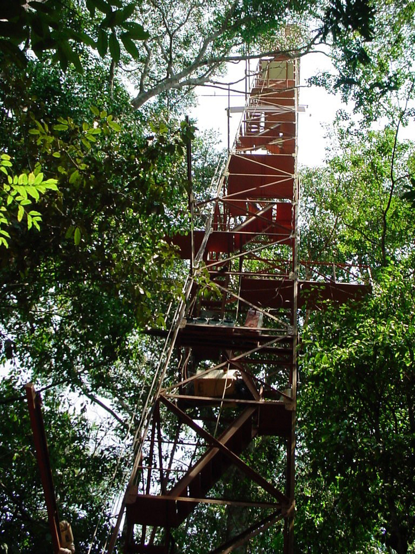This 42-meter-high tower, upon which the micrometeorological was mounted, is located in the middle of the transitional forest of Northern Matto Grosso, Brazil.  
