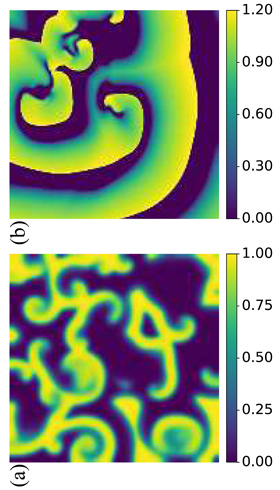 Snapshots of the dynamics of the (a) Barkley model and (b) Bueno-Orovio-Cherry-Fenton (BOCF) model at time step n = 1,000 of the test data set. Credit: Roland S. Zimmermann