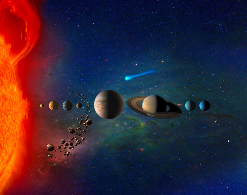 The solar system, illustrated in this artist’s conception, contains both large and small objects. Researchers from Duke have proposed a new explanation for why the size diversity exists. 