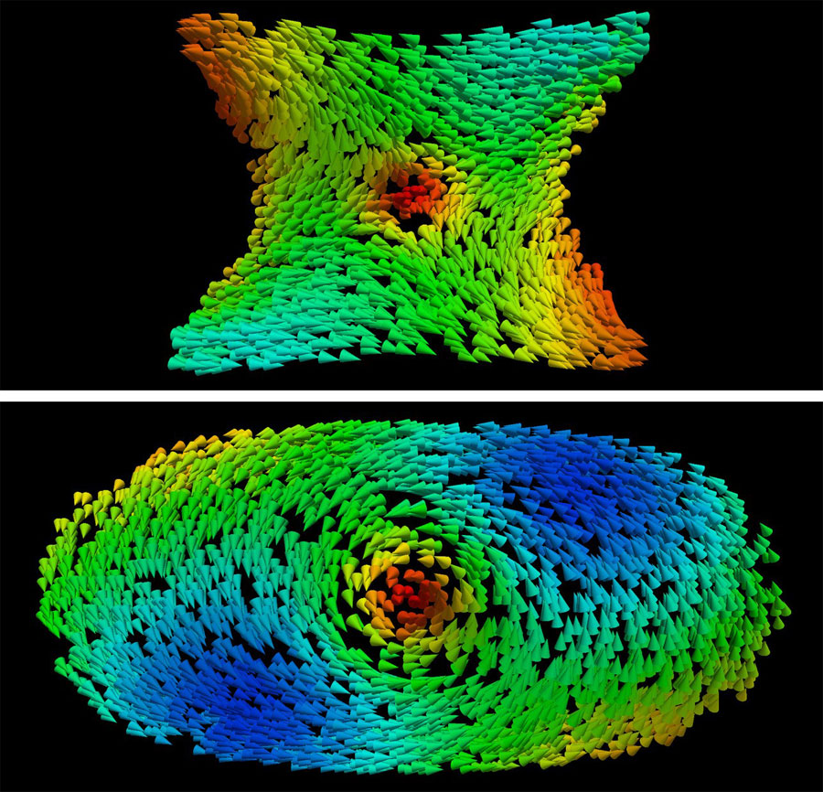 The top image shows the antivortex formed in the region with negative curvature of the torus. The swirling texture of a vortex can be observed in the lower image, which formed along the region with positive curvature. Arrows represent the direction of the magnetization.