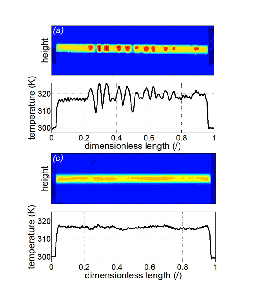 This image shows a static presentation of the temperature distribution over Ni-Ti wires measured with an infrared camera during loading in the case of virgin (upper) and fully stabilized (lower) wire. 