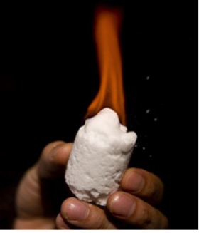 A methane hydrate being subjected to heat