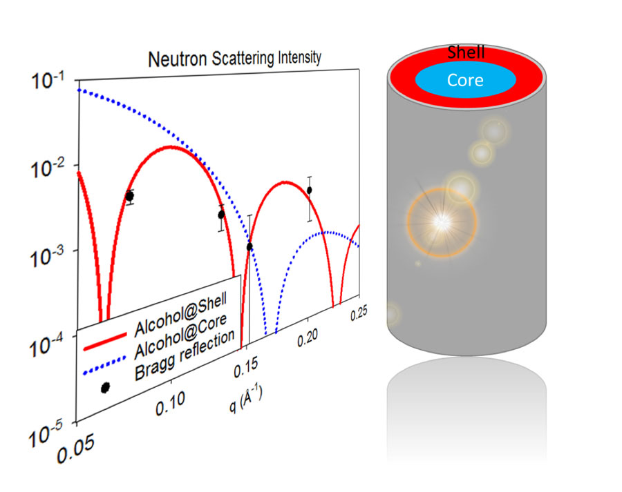 Left: The experimental result (neutron Bragg reflection) in perfect agreement with theoretical predictions (red line) that demonstrated the core-shell structure formed by a binary fluid within a nanocapillary. Right: A sketch of the core-shell structure.