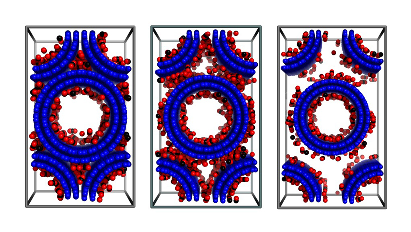 Snapshots of CO2 adsorption in double-walled carbon nanotube arrays (with an inner tube diameter of 2r=3 nanometers and various inter-tube distance at T=303 K and p=1 bar).  Credit: Rahimi/Babu