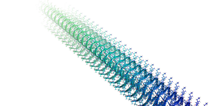 Structural model of Alzheimer Amyloid A-beta 1-42 peptide fibril derived from an experimental structure (PDB: 2MXU).  The fibrillar aggregates act as cell-toxins at the  onset and the progression of Alzheimer's disease.   Credit: Emanuel Peter