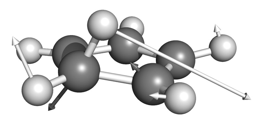 Molecular configuration of the optimal BBP of the 1, 2-sigmatropic H-shift rearrangement of cyclopentadiene. The arrows correspond to the components of the gradient at this point. Credit: AIP Publishing