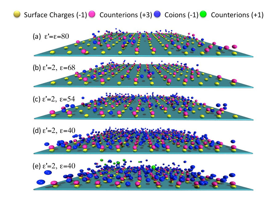 Snapshots for the distribution of ions near a negatively charged planar surface at different dielectric contrasts. Credit: Jianzhong Wu, University of California, Riverside