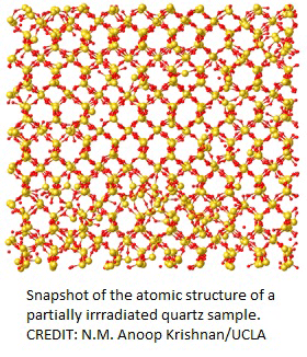 Snapshot of the atomic structure of a partially irradiated quartz sample. Credit: N.M. Anoop Krishnan/UCLA