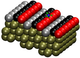 The Pt(211) surface has three-atom-wide terraces and one-atom-high steps. The researchers labeled the row of atoms on the step edge as “step” (red), the middle row as “terrace” (black) and the final row as “corner” (gray).  CREDIT:  Han Guo