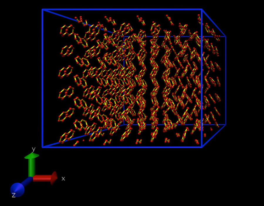 A snapshot from a Molecular Dynamics simulation of an atomistic model of a naphthalene crystal. This crystal is periodically repeated in all directions, to eliminate surface effects. Credit: Daan Frenkel, University of Cambridge