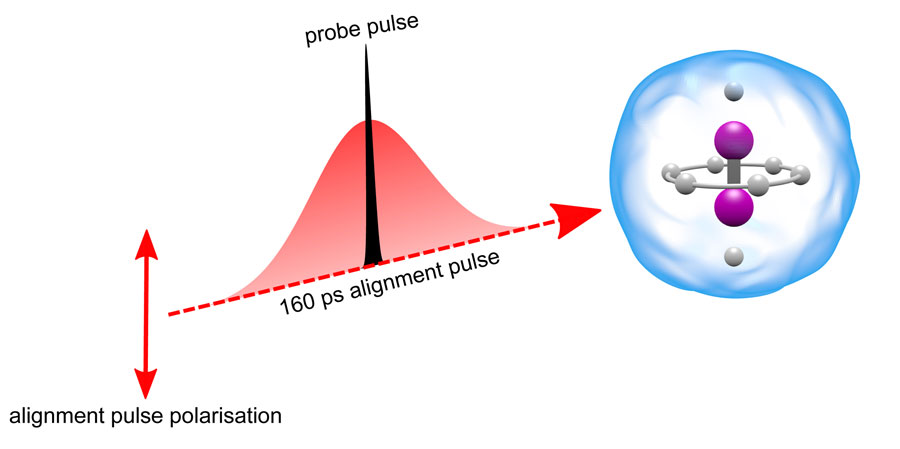 Schematic illustration of the alignment, induced by a 160 picosecond laser pulse (red), of an iodine molecule (purple) inside a helium droplet (blue). The iodine molecule is aligned vertically by the polarization direction of the alignment pulse, shown by the double-headed red arrow to the left. The degree of alignment is measured by a probe pulse (black) synchronized to the peak of the alignment pulse.  CREDIT: Henrik Stapelfeldt, Aarhus University