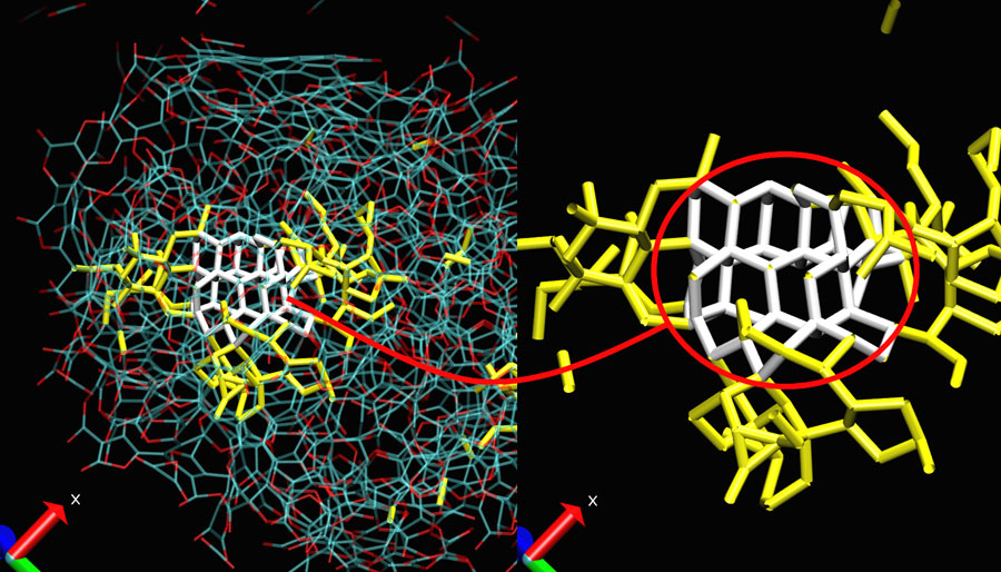 A carbonaceous nanoparticle (left) and its pure carbon core (right). Blue: Carbon atoms. Red: Oxygen atoms. White: diamond seed. Yellow: pure carbon network surrounding the diamond seed CREDIT: X. Bidault and N. Pineau