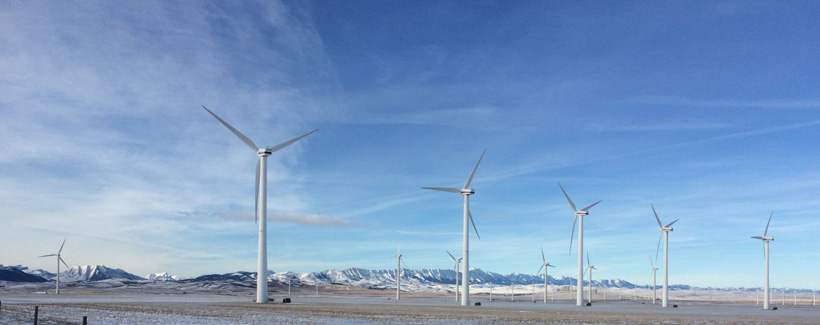 Wind turbines close to the Rocky Mountains