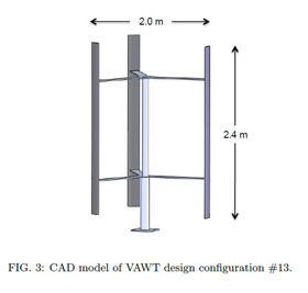 Figure 3 illustrates the computer-aided design model for design configuration #13. The turbine blades are assumed to be made of carbon fiber and the turbine shaft and blade supports are made of Aluminum 2024.  Credit: Lam Nguyen and Meredith Metzger, Department of Mechanical Engineering at the University of Utah