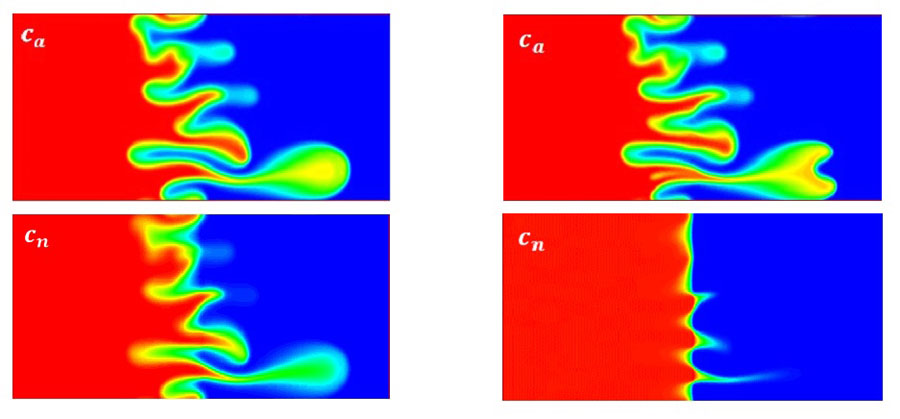 Countours of c_a and c_n at two nanoparticle deposition rates at t=400 Credit: Dastvareh and Jalel Azaiez