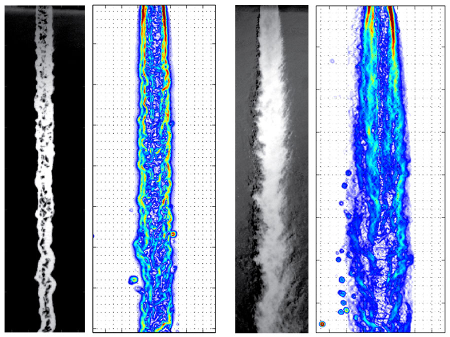 Suggested caption (adapted from those mentioned above): Shadowgraph images with PLIF density gradient maps of a subcritical injection into an environment of subcritical conditions compared with the two imaging results for injection with all conditions supercritical. CREDIT: DeSouza and Segal