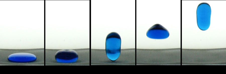 A 2-mL “puddle” of water spontaneously jumps from a hydrophobic surface upon release into a freefall.