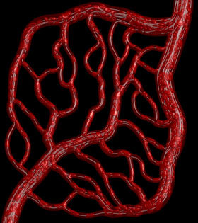 A visualization based on the team's computer simulation of flow of blood cells in a modeled microvascular network. Individual blood cells are shown in red, and their trajectories are shown in yellow. Credit: Peter Balogh