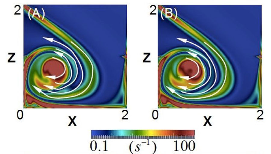 The evolution of the whirl of the vortex, as the model progresses from 37 seconds and 42 seconds. Increasing turbulence in the flow causes variations in the whirl and leads to periodic cycling of the magnetic field, such as is observed with the sun.  Credit: Varela/Brun/Dubrulle/Nore