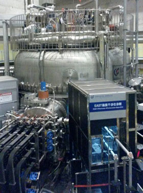 EAST, the Experimental Advanced Superconducting Tokamak, located in Hefei, China, with the researcher’s new diagnostic system located in the bottom right-hand corner. Credit: Adi Liu