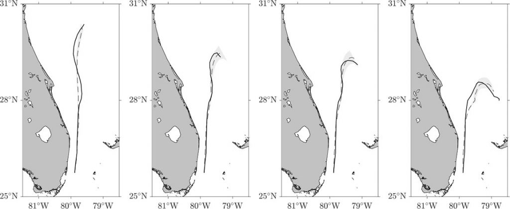 Mat-shaped, cuboid, sphere and cube special drifter trajectory (solid), Maxey-Riley modeled trajectory (dashed), and area spanned by Maxey-Riley trajectories. CREDIT: Maria Josefina Olascoaga