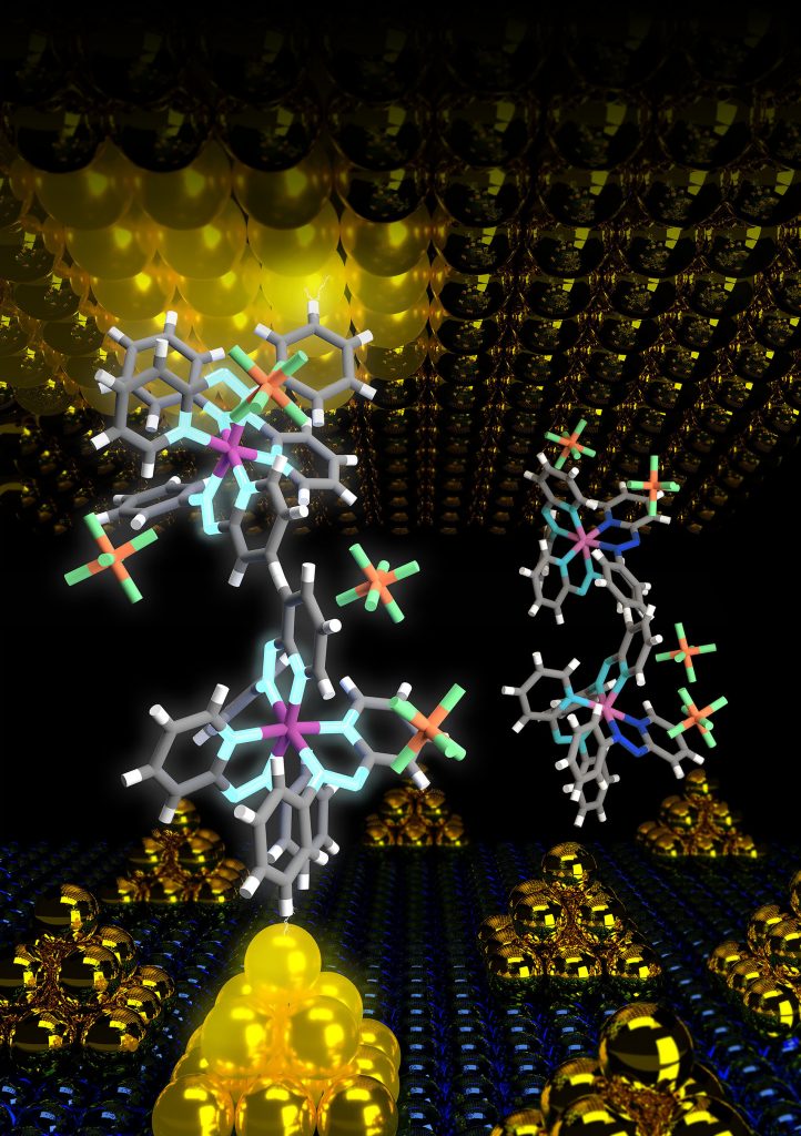 The device structure at a molecular level. The gold nanoparticles on the bottom electrode enhance the field enabling an ultra-low energy operation of the molecular device. CREDIT: Sreetosh Goswami, Sreebrata Goswami and Thirumalai Venky Venkatesan