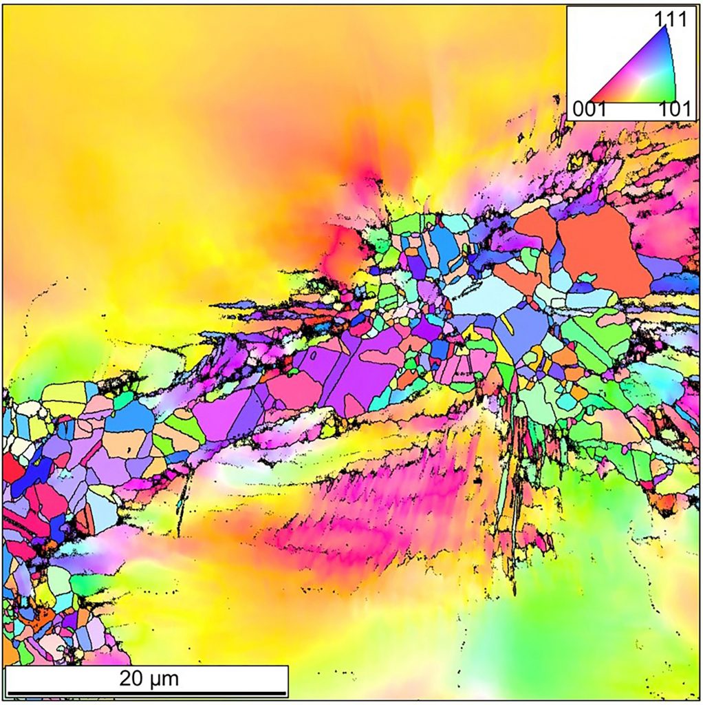 A map showing crystallographic orientation of a region that originally contained a void, which was then subjected to a second shock loading (the shock wave passed from the bottom to the top of the image). The void has been recompacted with enough energy to not only reach a fully dense state, but drive recrystallization at the interface, as demonstrated by the thin band of very small grains. CREDIT: David Jones