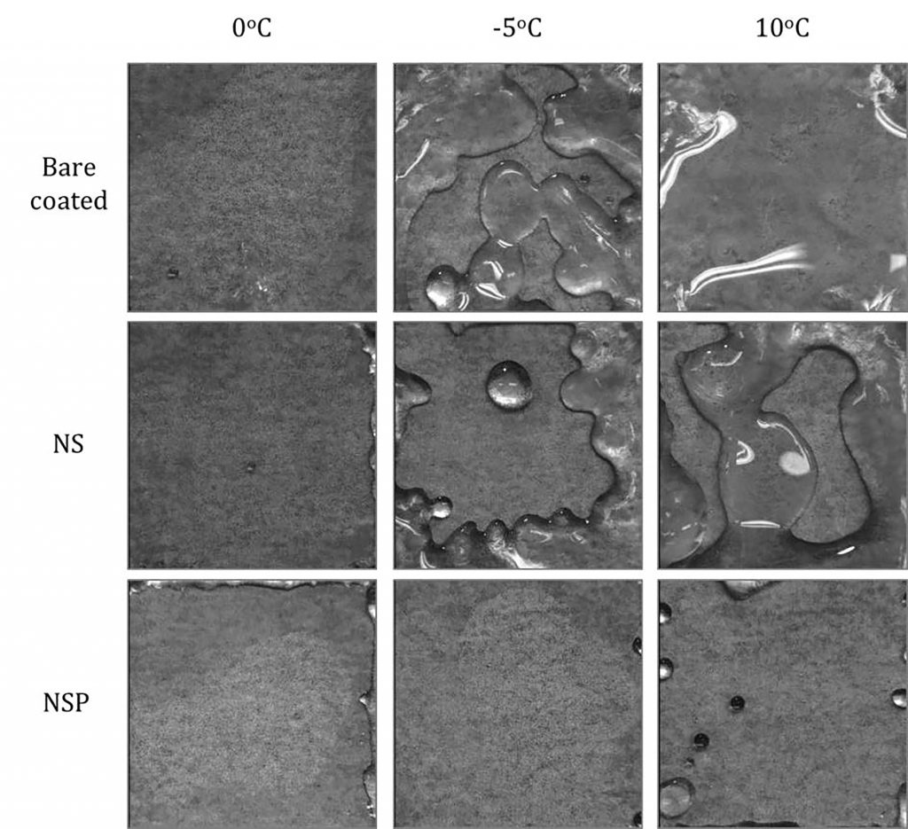 Ice accumulation on a bare coated, nanostructure (NS) and nanostructure covered in paraffin (NSP) samples after a freezing test CREDIT: Nguyen Ba Duc