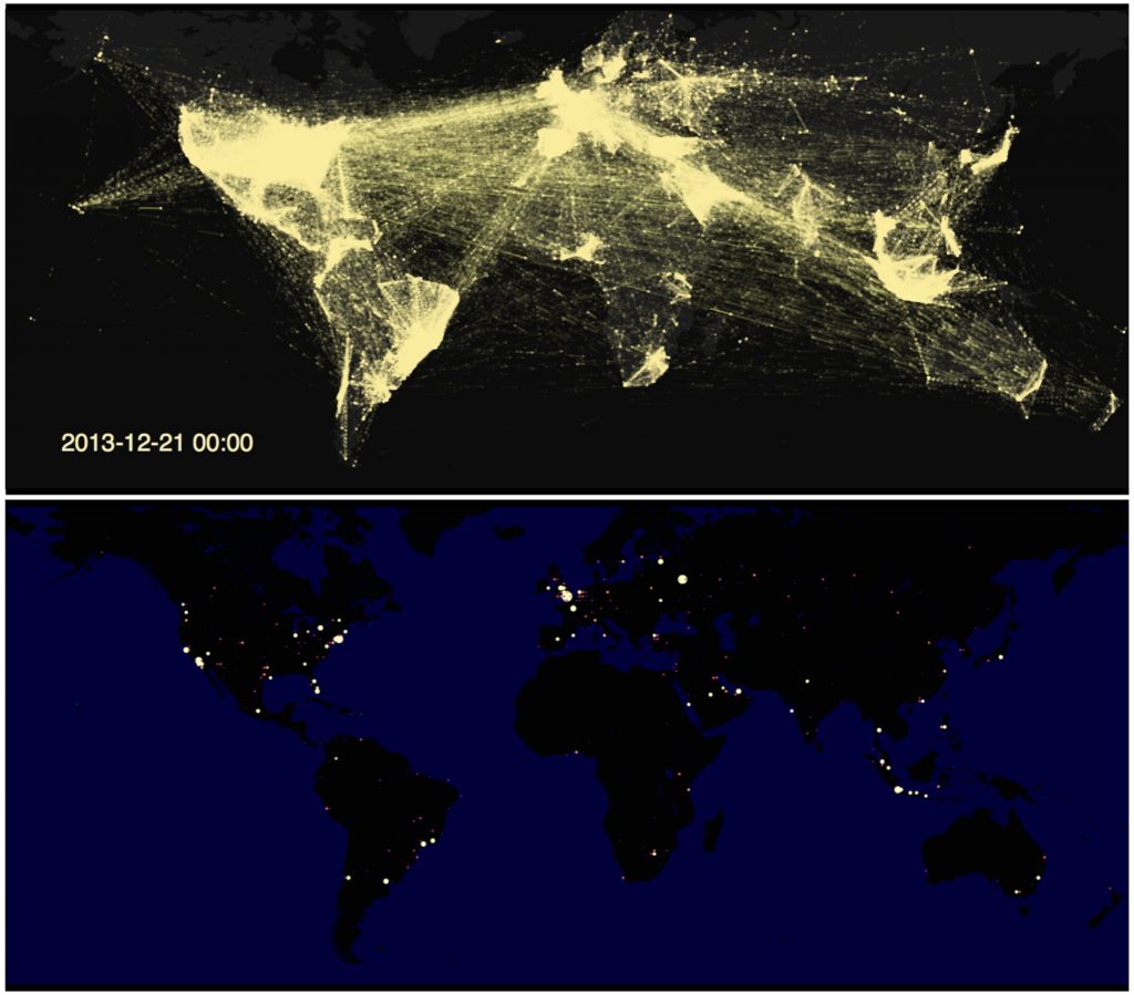 Top panel: Visualization of the network associated with Twitter global communication. Bottom panel: Betweenness centrality of the Twitter communication network. CREDIT: New England Complex Systems Institute