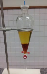 The two-phase system containing biodiesel (upper phase) and glycerol (lower phase). CREDIT: Gilberto Maia de Brito