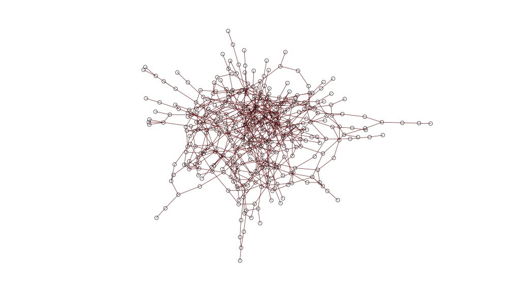 Image showing the nodes and lines of a prototypical power grid. It has a total of 400 nodes, of which 340 are nodes with only consumption, while the remaining 60 have consumption and generation. The nodes are interconnected by 617 lines. CREDIT: Image created by B. Carreras using Mathematica