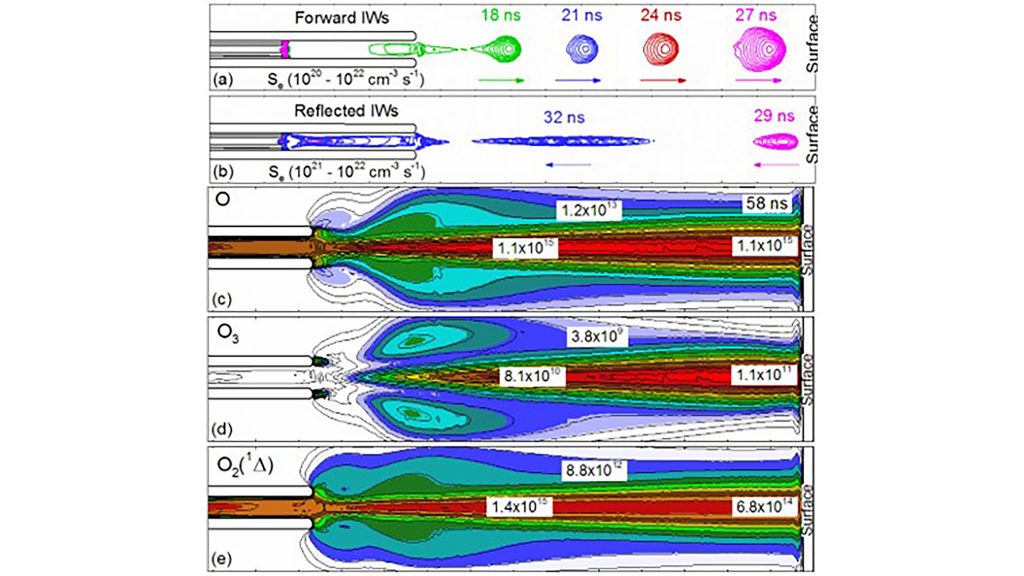 Evolution of the forward (a) and the reflected (b) ionization waves approaching and reflecting from the conductive dielectric surface. The ionization wave front is represented in the simulations by electron impact ionization source Se (cm-3s-1). The arrows indicate the direction of the IW propagation. Density of O-radicals (c), ozone O3 (d) and singlet delta O2(1Δ) (d) after the passage of forward, reflected, and secondary forward IWs. CREDIT: Natalia Yu. Babaeva