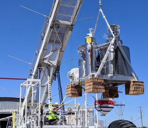 The BOBCAT payload hangs from the launch vehicle during testing prior to launching from Fort Sumner, New Mexico, in August 2019. CREDIT: Nick Bellis