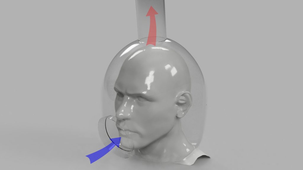 Visualization of the helmet design. The top port is connected to an air filtration pump, which is not shown in the image. CREDIT: Image by Dongjie Jia