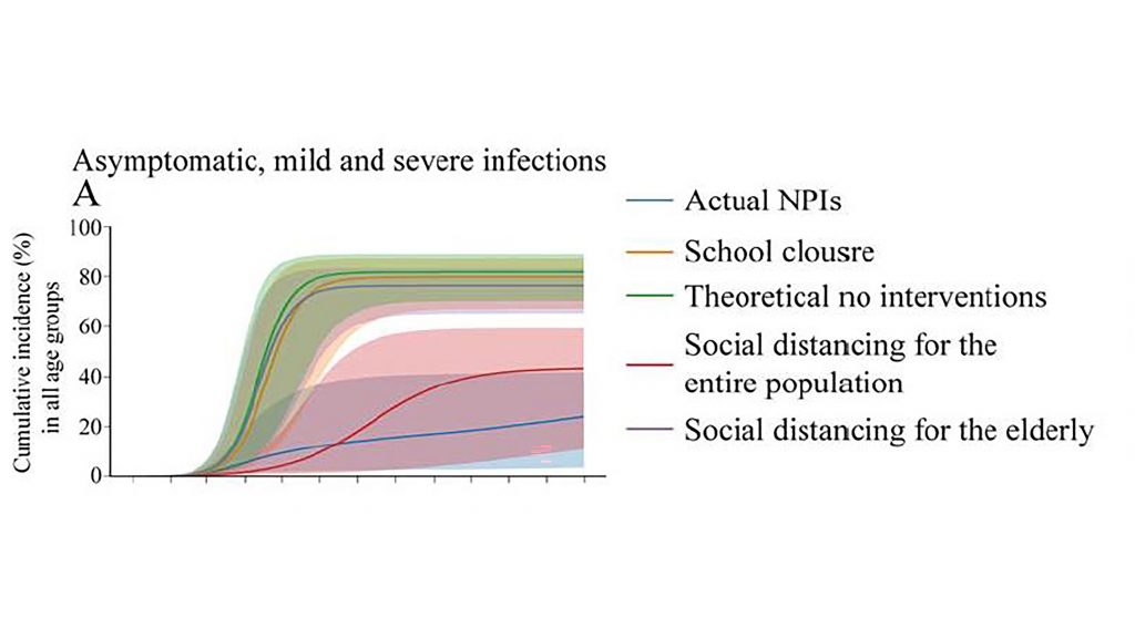 Comparing the number of asymptomatic, mild, severe, and deceased coronavirus cases in each age group with different levels of social distancing enforcement. “Actual NPIs” (blue) represents the nonpharmaceutical intervention procedures implemented in New York City. CREDIT: Jiannan Yang, Qingpeng Zhang, Zhidong Cao, Jianxi Gao, Dirk Udo Pfeiffer, Lu Zhong, and Daniel Zeng