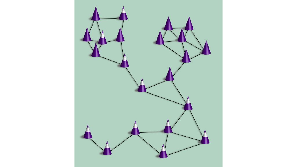 Illustration of a network of contacts to show the spreading of COVID-19 in a population where a fraction of the individuals (cones) wear masks and practice social distancing (cones with white stripes). CREDIT: Anna Sawulska and Maurizio Porfiri 