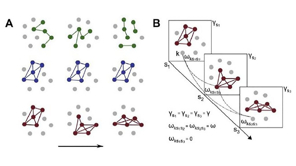 Schematic of the dynamic core hypothesis (a), with each circle representing a neuron or groups of neurons, and the links between them transient synchronization. Temporally evolving assemblies (b) can be represented as modules unfolding within a multilayer network. CREDIT: Sofía Morena del Pozo, Helmut Laufs, Vincent Bonhomme, Steven Laureys, Pablo Balenzuala, and Enzo Tagliazucchi