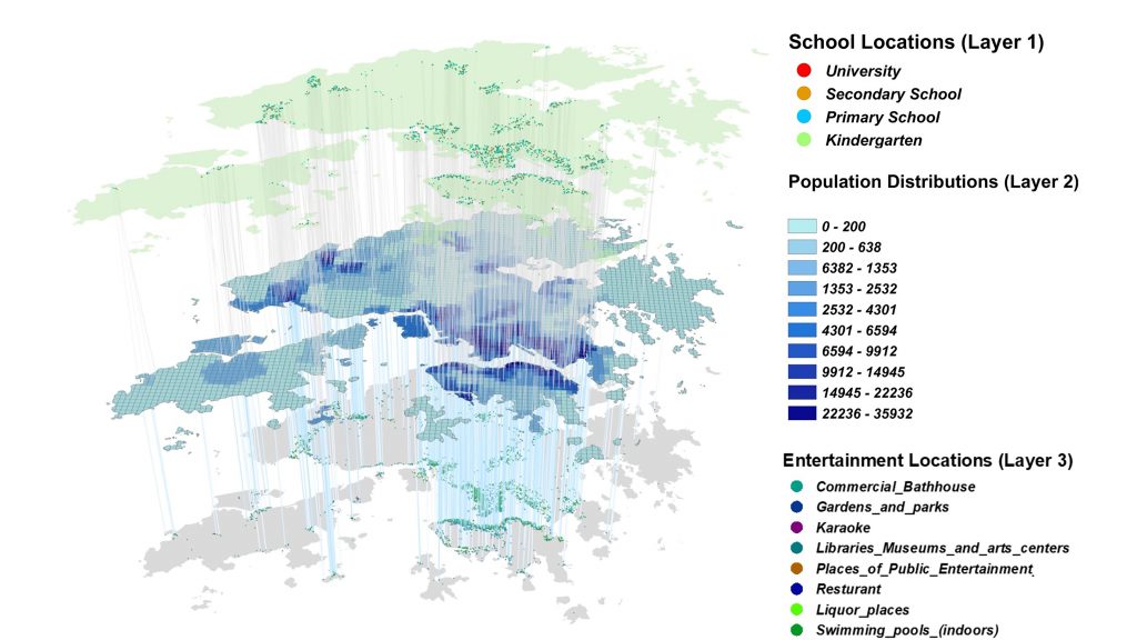 Geographical distribution of the synthetic population and facilities in Hong Kong. The data-driven mobility model comprises 7.55 million agents representing the local population. CREDIT: Qingpeng Zhang