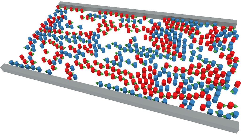 Simulation of a pedestrian counterflow (red and blue particles, with green arrows denoting instantaneous velocity) confined within a hallway (gray boundary), under conditions of weak social distancing. CREDIT: Gerald J. Wang