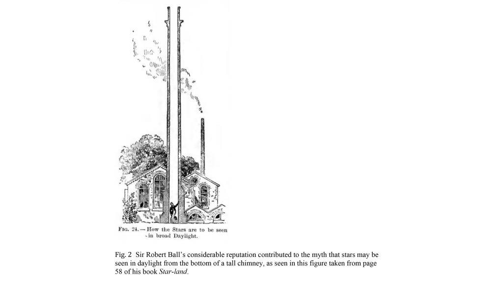 Sir Robert Ball's reputation contributed to the myth that stars may be seen in daylight from the bottom of a tall chimney, as seen in this figure taken from page 58 of his book "Star-land." CREDIT: Public domain
