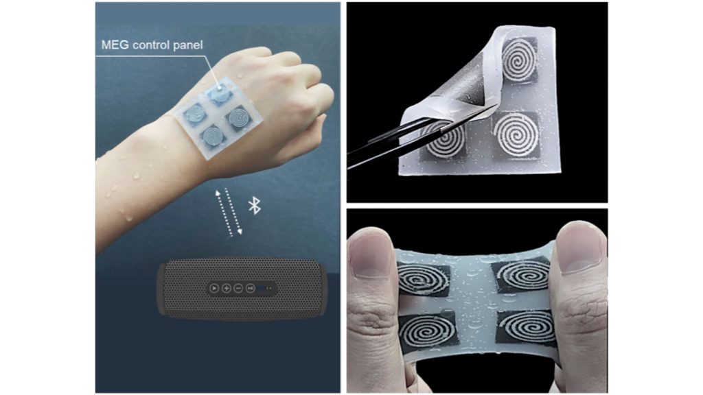 (Left) Photo of the magnetoelastic sensor array, which conforms to human skin and can function even when exposed to liquid. It can interact with a music speaker's command components: play, pause, next, and previous. (Right two) The self-powered magnetoelastic sensor array is rollable and stretchable. CREDIT: The Jun Chen Research Group at UCLA: https://www.junchenlab.com/