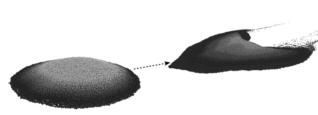Numerical computation showing an initial heap (on the left) being deformed into a barchan dune (on the right). The dune consisted of 100,000 grains, all of them individually tracked along time. Credit: Erick Franklin